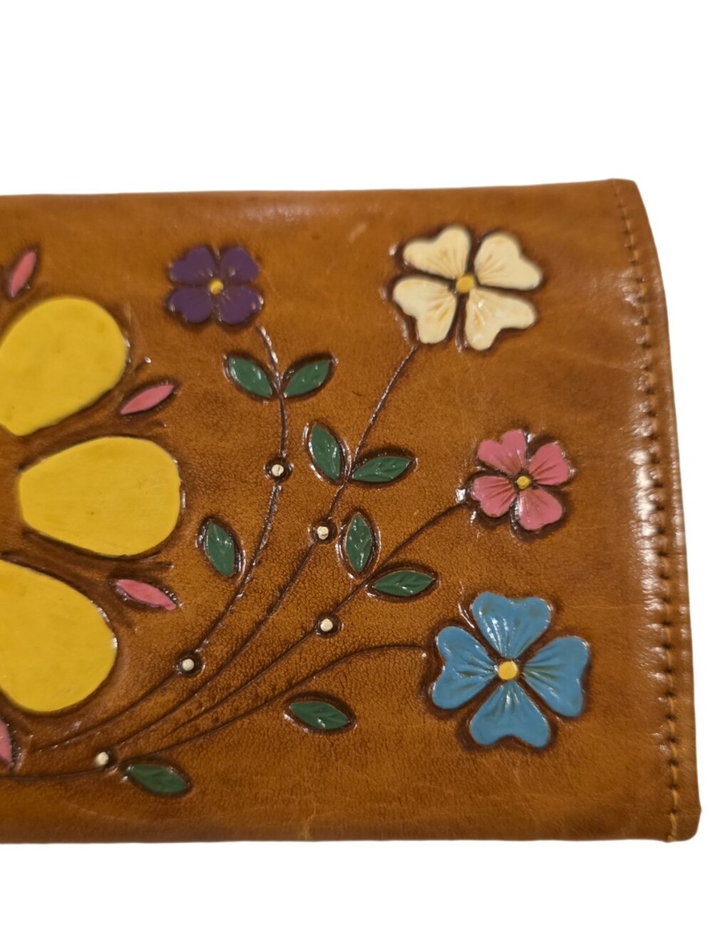 Vintage Brown Leather Wallet with Multicolor Floral Appliqué - Picture 11 of 14